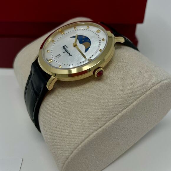 Ferragamo Logomania  Moon Phase Women's Watch Gold Tone Hardware Black Leather - Picture 8 of 13